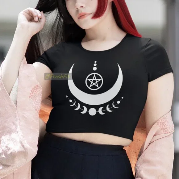 🆕Mystical Moon Phases Pentacle Shirt Black Fitted Crop Top Tee - Picture 1 of 3